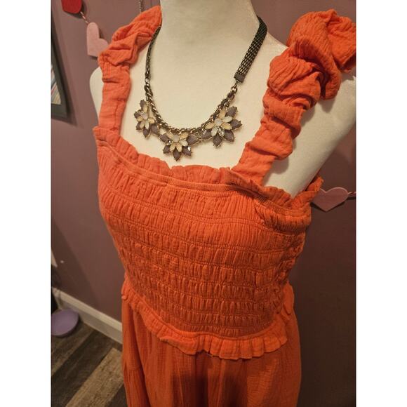 And the why gauzy smocked cotton sun dress ruffle coral orange XL new - Picture 2 of 8